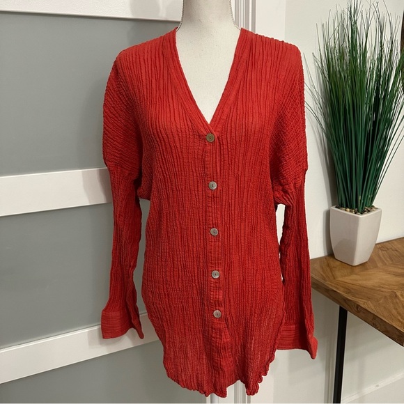 Monday Swimwear Crinkle Linen Button Down Shirt SZ M/L Rust Resort Wear GUC - Picture 1 of 8